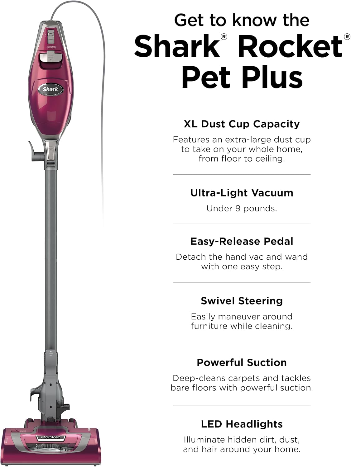 Shark Rocket Pet Plus Corded Stick Vacuum, Lightweight, Bordeaux, HV322