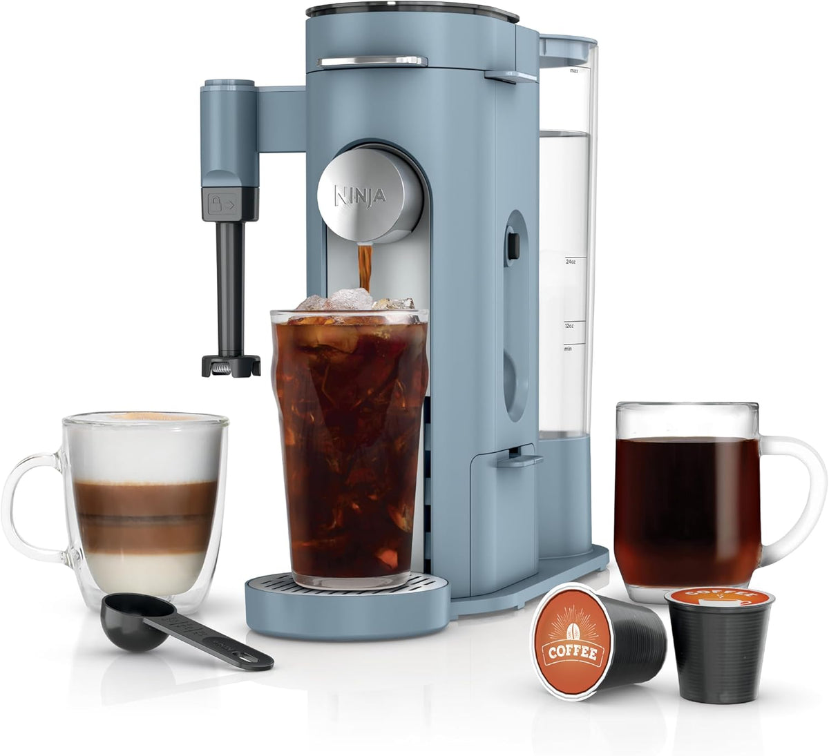 Ninja Pod & Grounds XL Coffee Maker, K-Cup Compatible, Denim Blue, PB055ABL | Brews Grounds, Compact Design, Built-In Milk Frother, 68-oz. Reservoir, 6oz. Cup-24oz. Mug Sizes