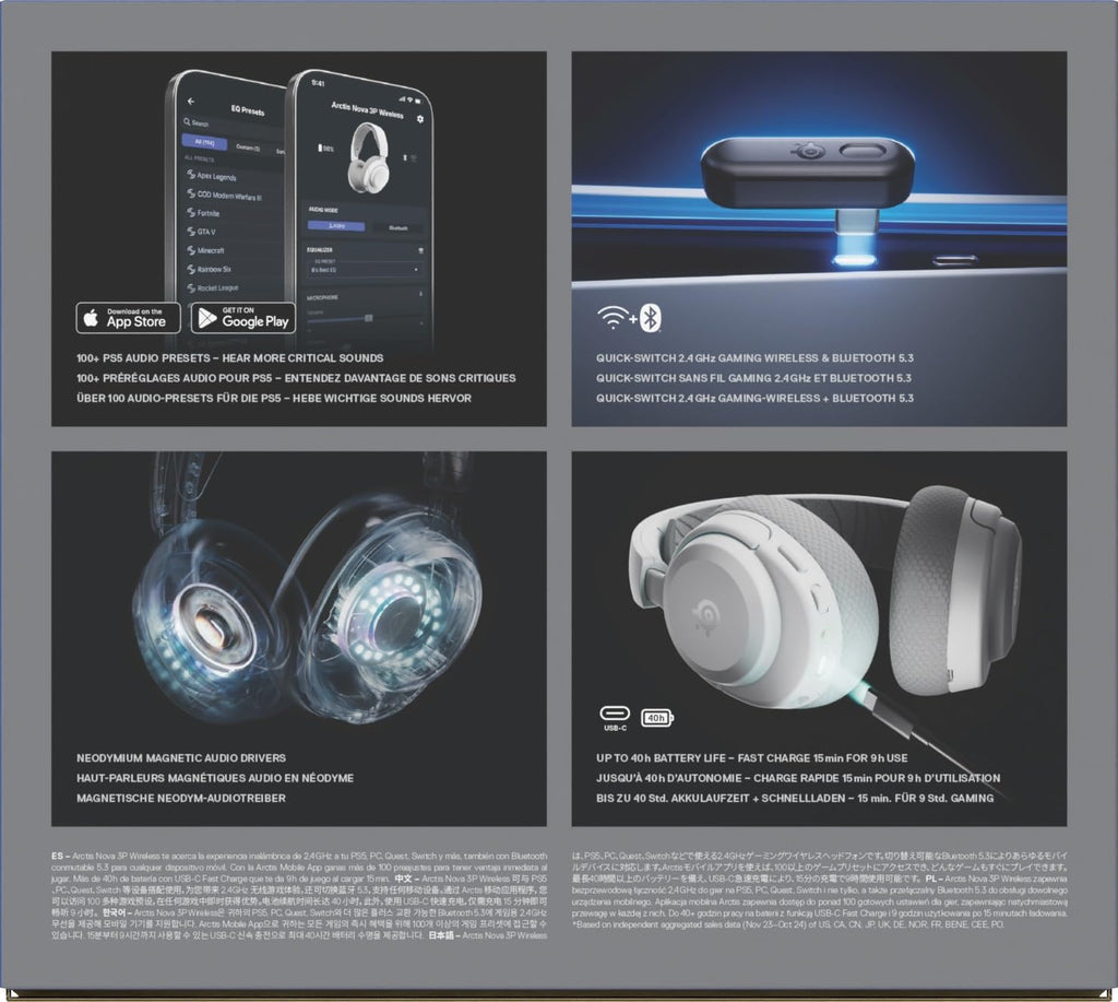 SteelSeries Arctis Nova 3P Wireless - PS5 Headset & PC Gaming Headset - Mobile App Control - 40 HR Battery with fast charging - Compatible with PlayStation, PC, Switch - 2.4GHz/Bluetooth - White