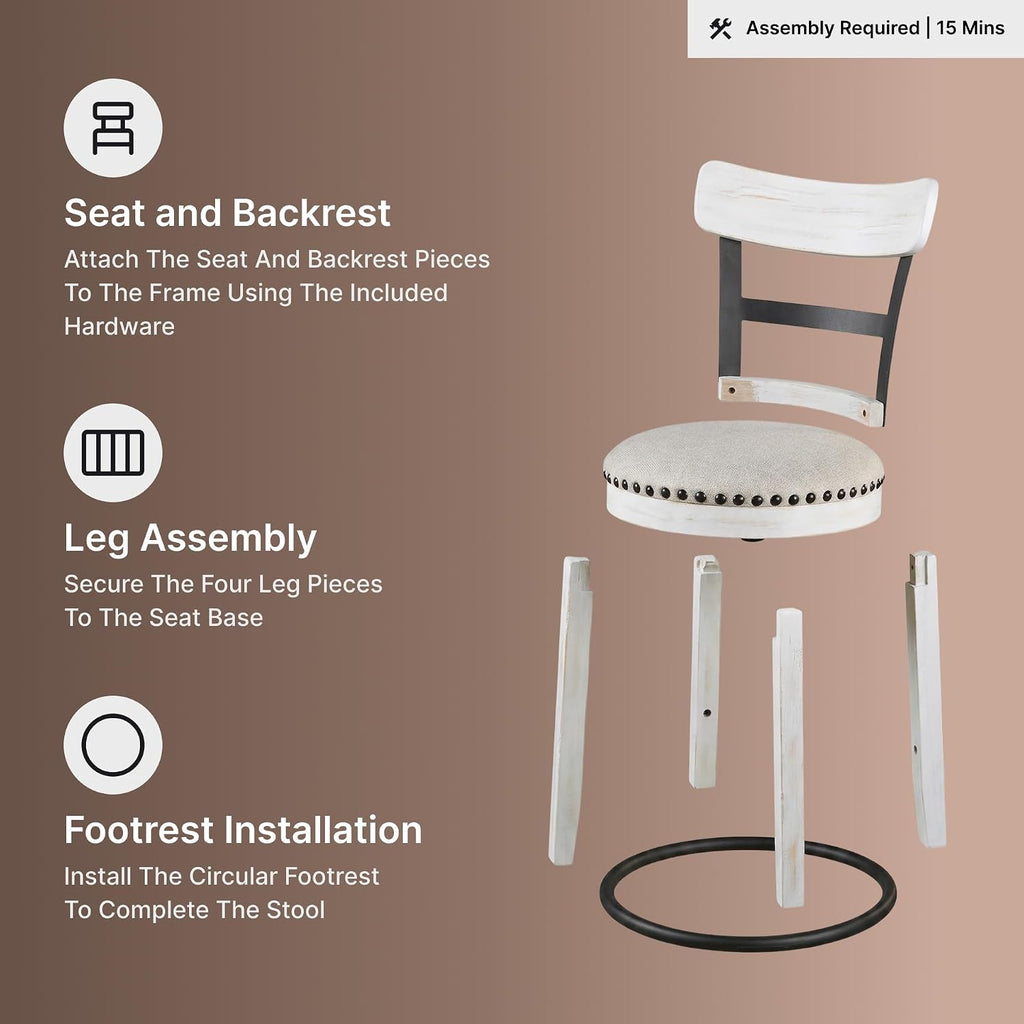Signature Design by Ashley Valebeck Swivel Counter Height Bar Stool, White | Sturdy 24.5-inch seat with nailhead trim, Farmhouse rustic style featuring linen colored polyester, Smooth 360° rotation