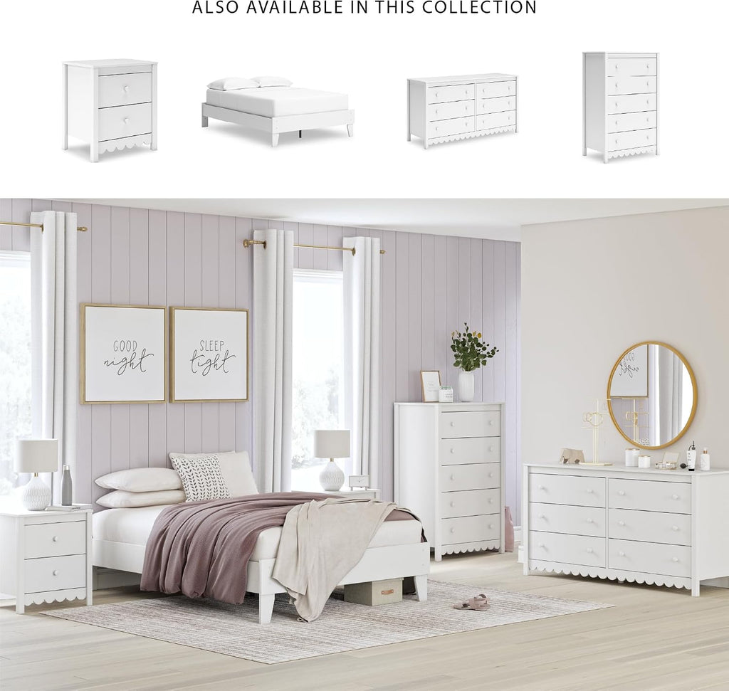 Signature Design by Ashley Bedside Table Nightstand, Scalloped, 2 Drawers | Engineered wood, Coastal farmhouse style, Scalloped edge, Youth bedroom use, Hallityn Series