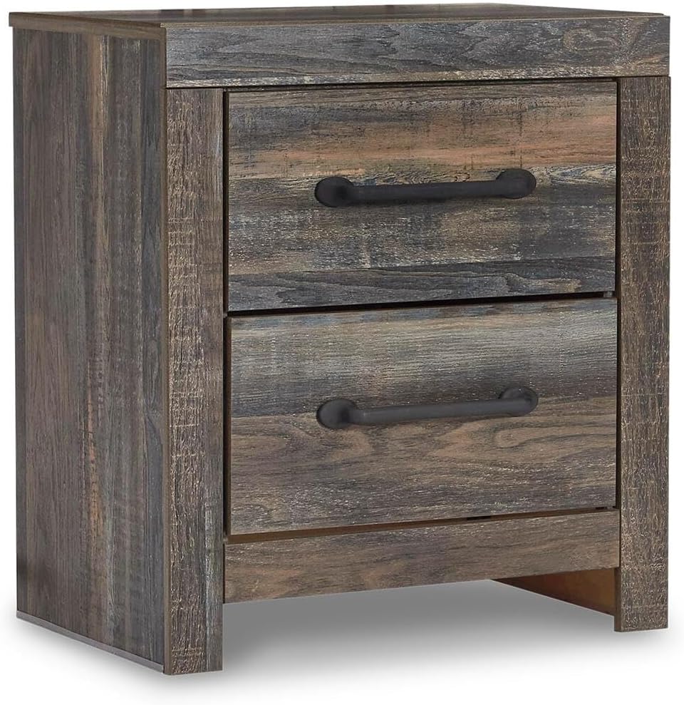 Signature Design by Ashley Drystan Rustic 2 Drawer Nightstand, USB-C | Engineered wood, Weatherworn brown finish, 2 faux-linen lined drawers, Dual USB-C ports, Small space solution