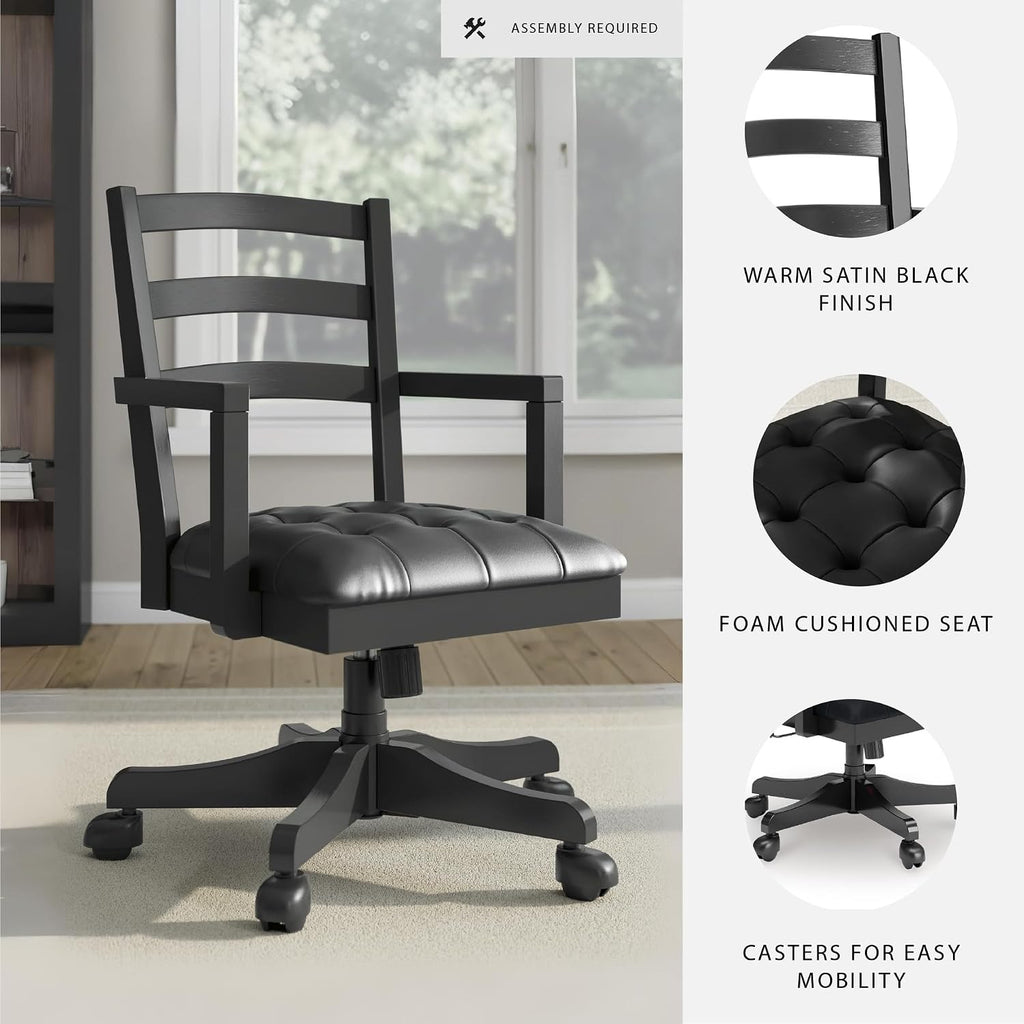 Signature Design by Ashley Wildenauer 1-Piece Swivel Desk Chair, Black | Wood swivel desk chair, Classic ladder back design, Foam cushioned seat, Durable black polyester fabric