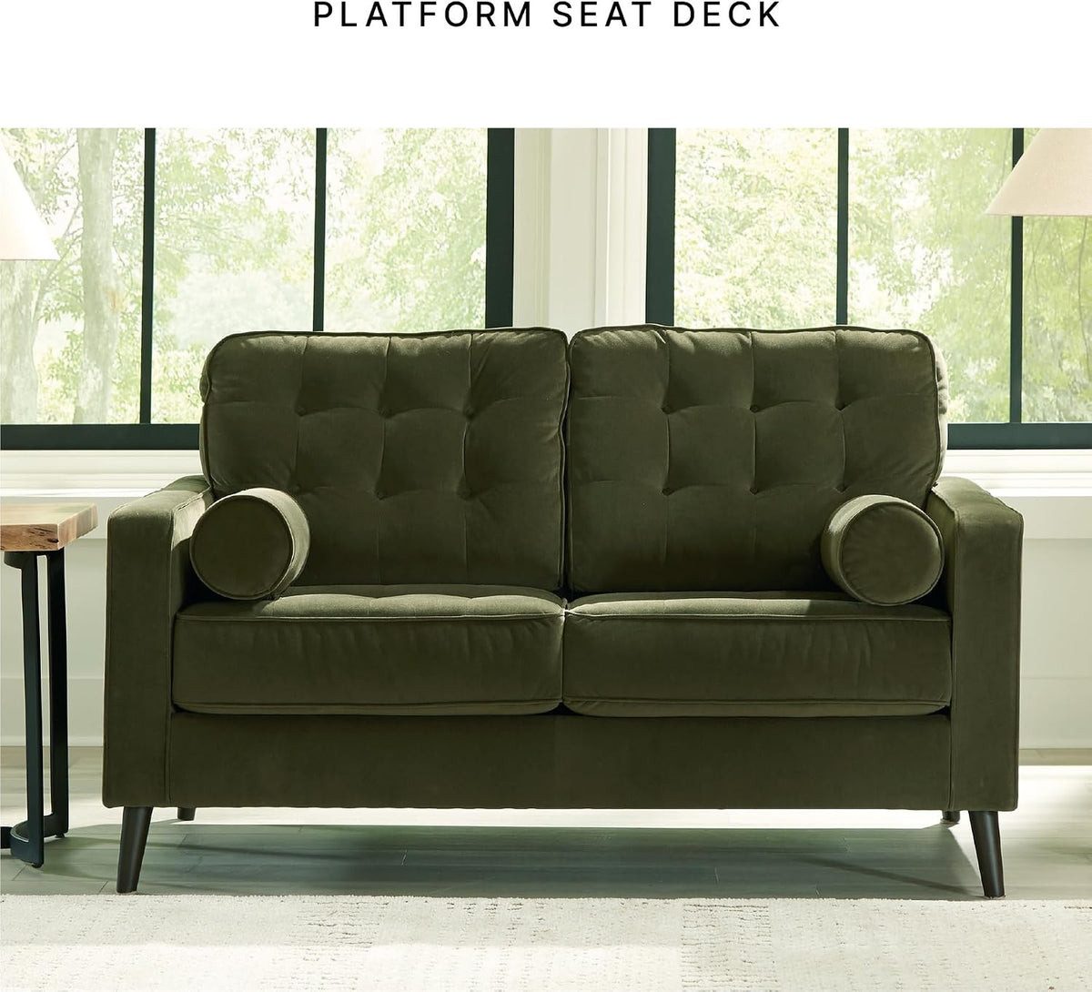 Signature Design by Ashley Loveseat, Olive Green Velvet, Reveon Lakes | Small loveseat for condo spaces, Olive green velvet upholstery, Anti-sag platform foundation, No assembly required