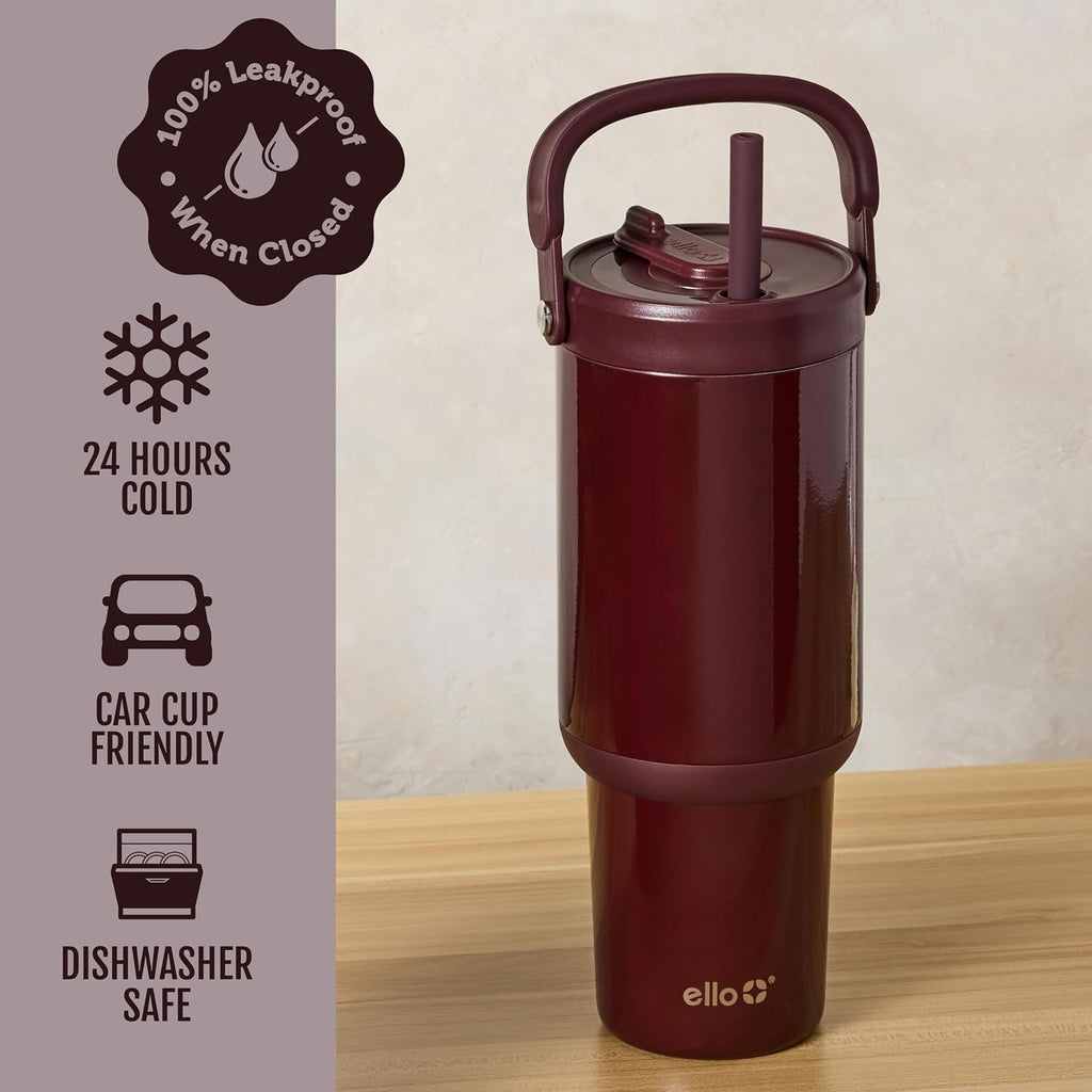 Ello Oasis Go+ 32oz Tumbler with Top Handle and Retracting Straw | Reusable Insulated Stainless Steel Cup, 100% Leakproof Water Bottle, 24 Hours Cold, Cup Holder Friendly For Travel | Red Velvet