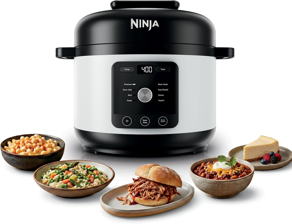 Ninja® HyperHeat™ 9-in-1 Pressure Cooker, 6.5-qt, White, PC201WH | Cooks 2X faster, Sear, Sauté, Slow Cook, Steam, Sous Vide & Yogurt, 1200W, PFAS-free, removable SimpliServe™ pot for serving