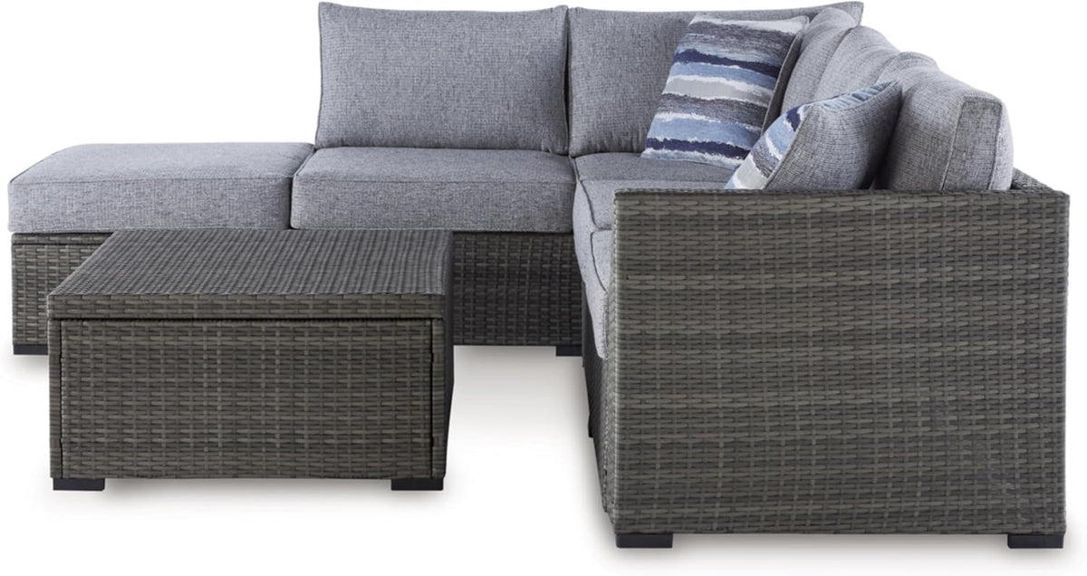 Signature Design by Ashley Petal Road 4-Piece Outdoor Patio Furniture Set, Modular Loveseat Sectional with Storage Table, Rust-Free Aluminum and Resin Wicker, Ideal for Backyard Seating, Gray
