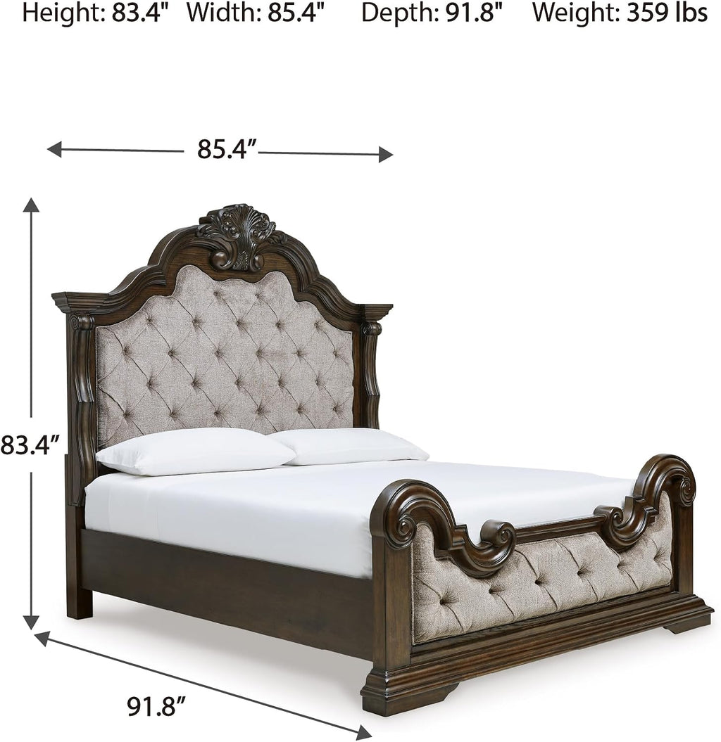 Signature Design by Ashley Maylee King Size Bed Frame and Headboard, Brown | Traditional panel bed, High 83-inch headboard, Brown button-tufted upholstery, Master bedroom statement piece