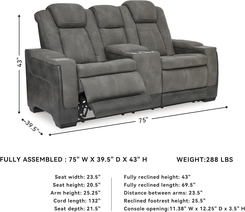 Signature Design by Ashley Power Reclining Loveseat with Console, Gray | Water-resistant faux leather, Zero-gravity recline, Easy View adjustable headrest, Wireless charging, Next-Gen Durapella