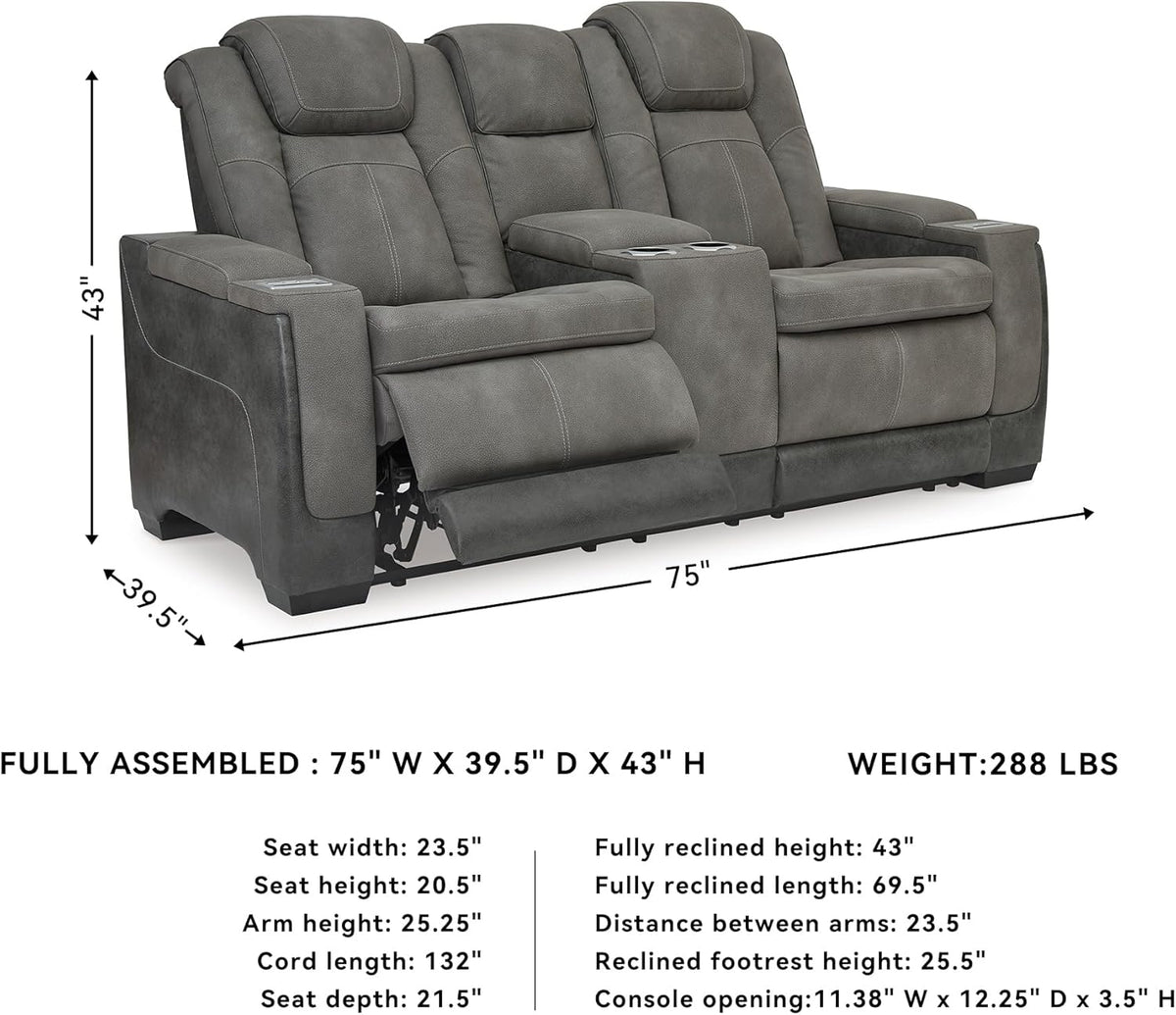 Signature Design by Ashley Power Reclining Loveseat with Console, Gray | Water-resistant faux leather, Zero-gravity recline, Easy View adjustable headrest, Wireless charging, Next-Gen Durapella