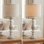 Signature Design by Ashley Table Lamps Set of 2, Tall Farmhouse, Whitewash | Durable 33-inch H cast resin pedestal base, Light fabric drum shade, Farmhouse style for end tables, Bernadate Series