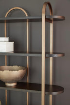 Signature Design by Ashley 5-Shelf Etagere Bookcase, Antiqued Gold | Antiqued goldtone metal frame, Ash veneer and engineered wood shelves, 48-inch wide open design, 72-inch height, Brentmour