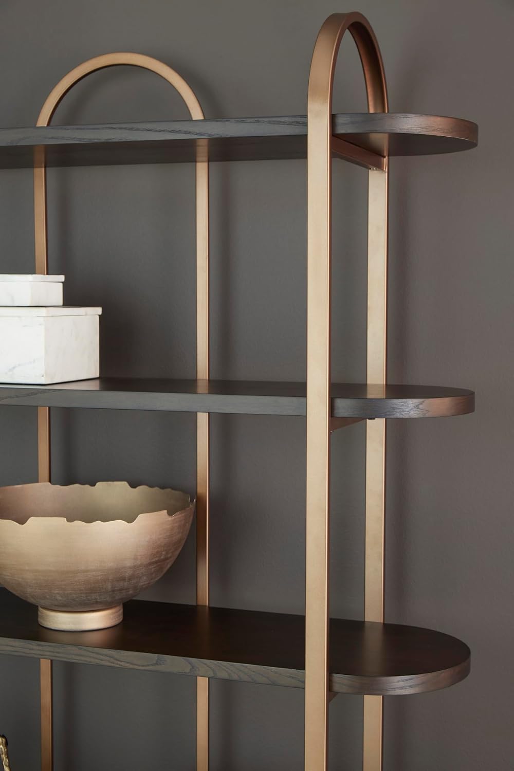 Signature Design by Ashley 5-Shelf Etagere Bookcase, Antiqued Gold | Antiqued goldtone metal frame, Ash veneer and engineered wood shelves, 48-inch wide open design, 72-inch height, Brentmour
