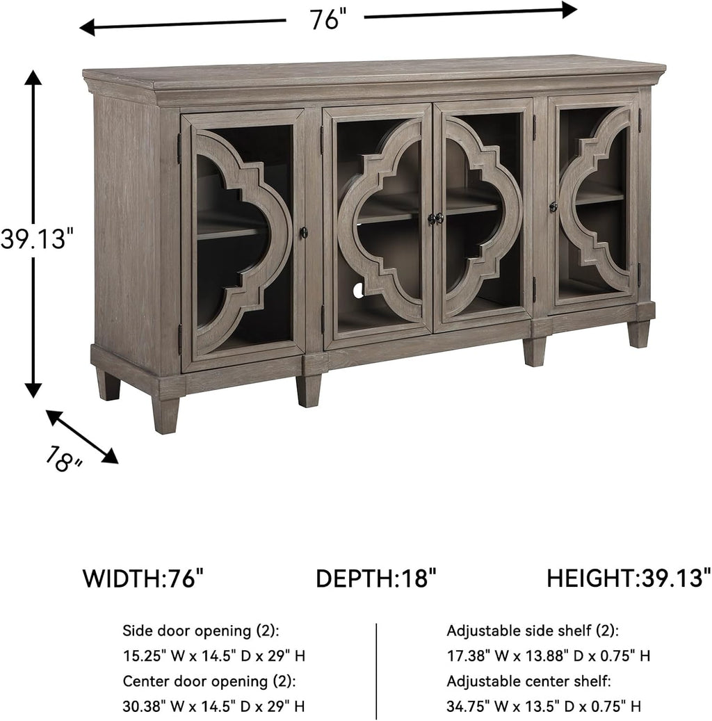 Signature Design by Ashley Fossil Ridge 4-Door Accent Cabinet, Gray | Solid and engineered wood, Tempered glass inlays, Quatrefoil fretwork pattern, 3 adjustable shelves, 76 in width