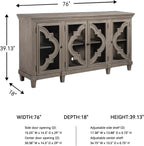 Signature Design by Ashley Fossil Ridge 4-Door Accent Cabinet, Gray | Solid and engineered wood, Tempered glass inlays, Quatrefoil fretwork pattern, 3 adjustable shelves, 76 in width