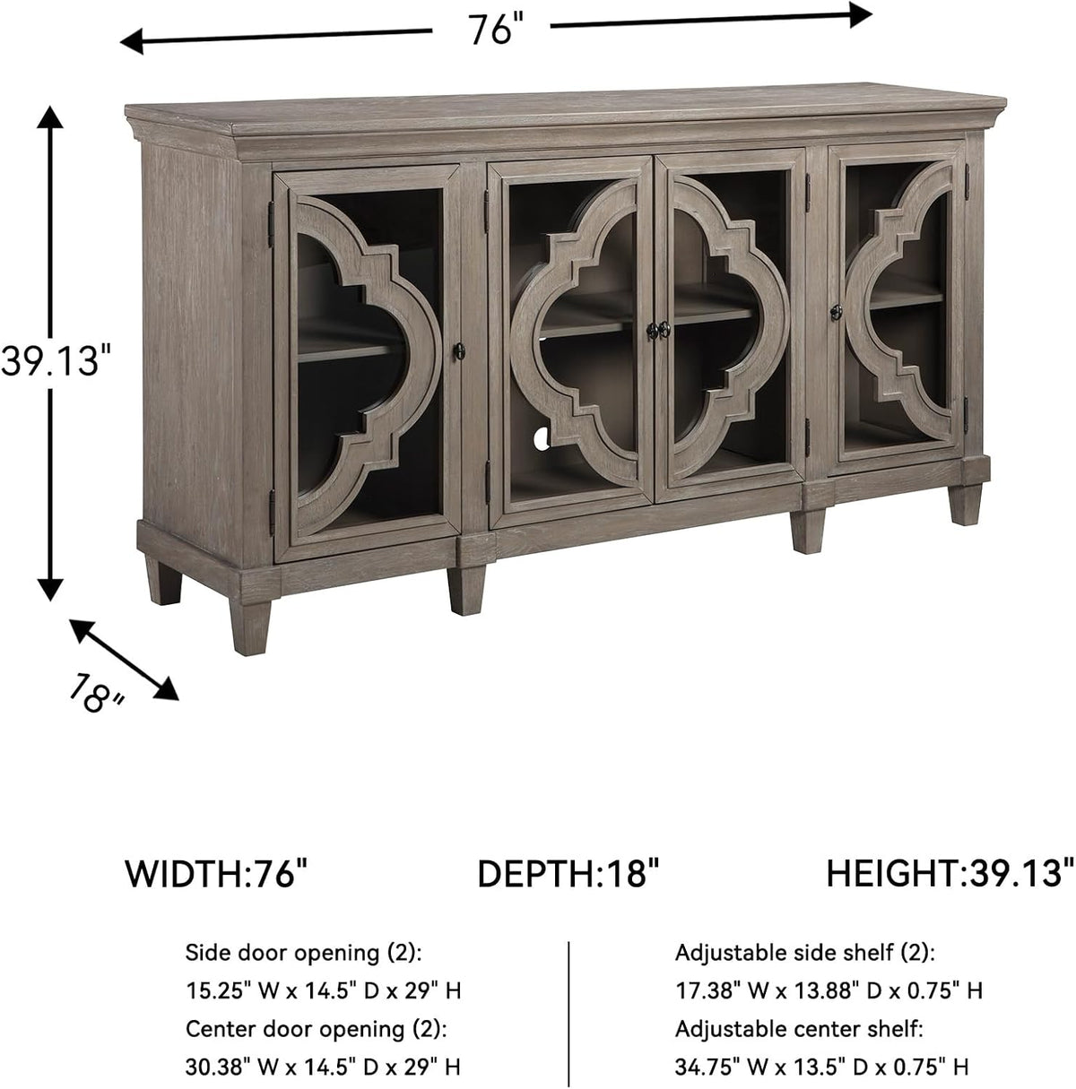 Signature Design by Ashley Fossil Ridge 4-Door Accent Cabinet, Gray | Solid and engineered wood, Tempered glass inlays, Quatrefoil fretwork pattern, 3 adjustable shelves, 76 in width
