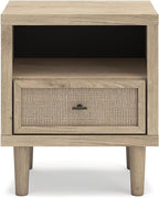 Signature Design by Ashley Cielden Light Brown 1-Drawer USB Nightstand | Two-tone replicated oak and faux cane print, Built-in wireless charging and LED base, Contemporary style for bedrooms