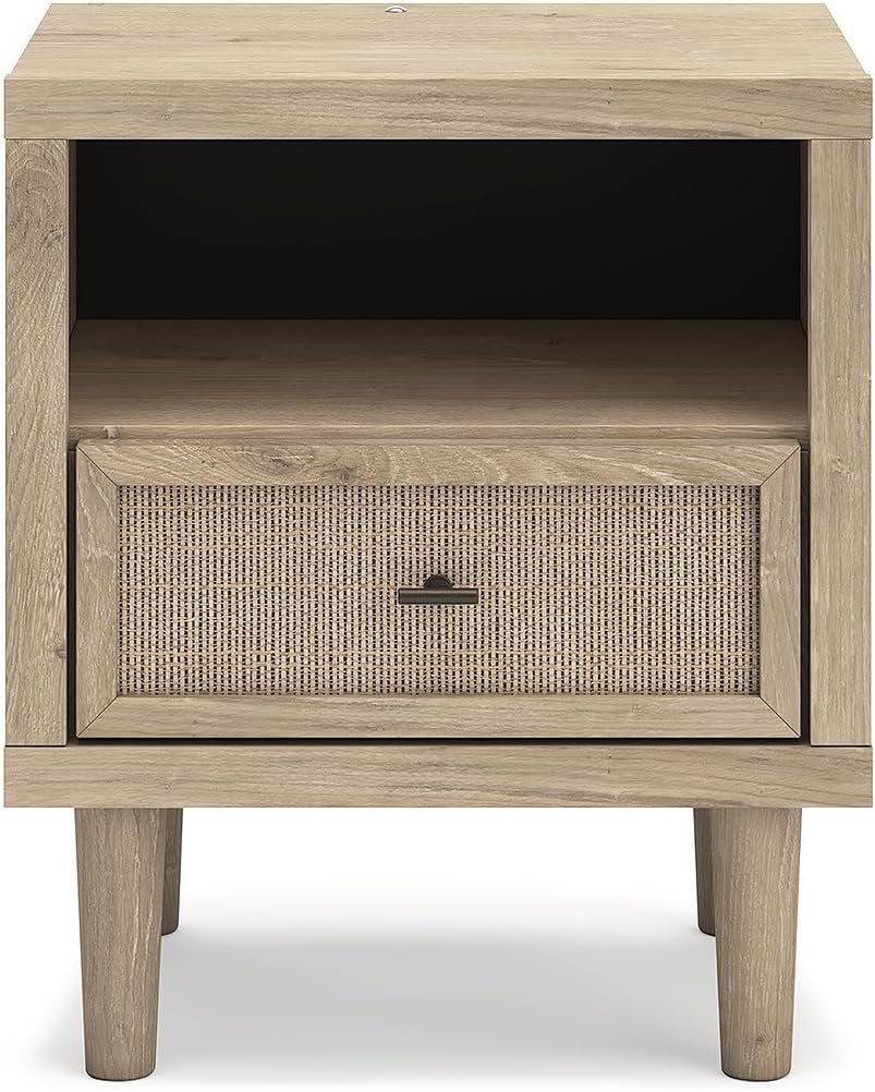 Signature Design by Ashley Cielden Light Brown 1-Drawer USB Nightstand | Two-tone replicated oak and faux cane print, Built-in wireless charging and LED base, Contemporary style for bedrooms