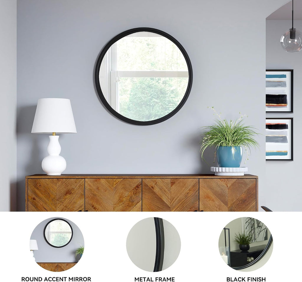 Signature Design by Ashley 31 Inch Round Black Wall Mounted Accent Mirror | Spacious 30 inch inner glass with thin metal frame, Modern decor for living rooms and dressing rooms, Brocky Series