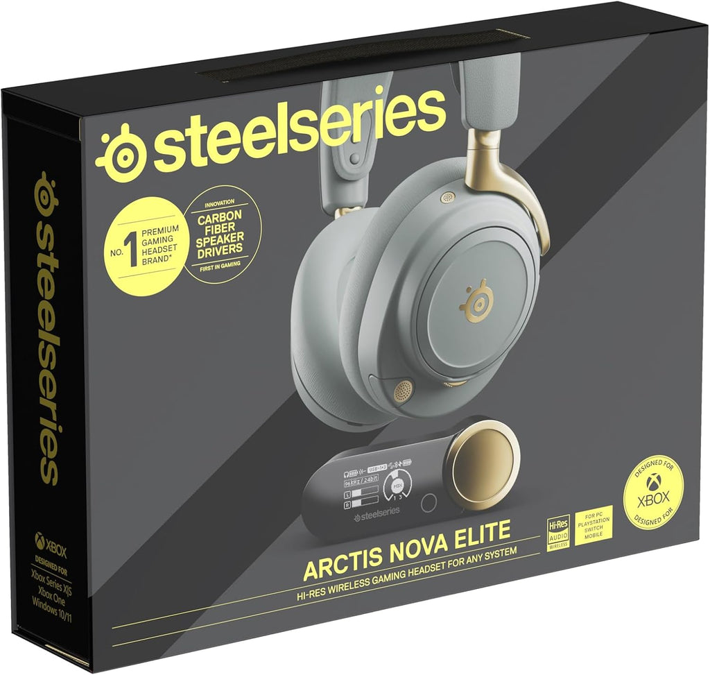SteelSeries Arctis Nova Elite - Hi-Res Wireless Gaming Headset - 96kHz/24bit - Carbon Fiber Speakers - ANC - AI Noise Rejection - App - 2.4GHz + BT - Multi-Source Mix; OmniPlay PC+PS+Xbox - Sage&Gold