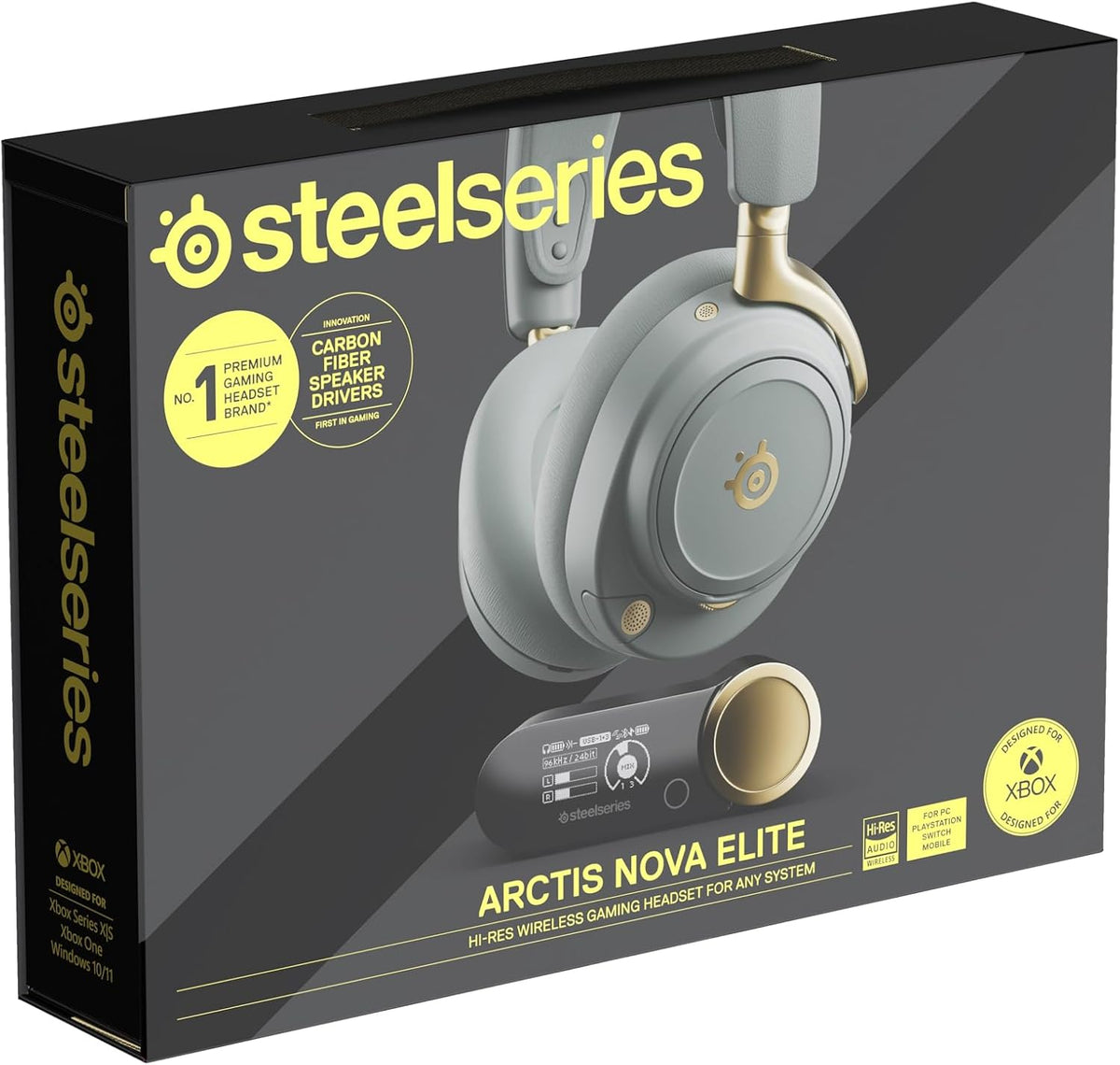 SteelSeries Arctis Nova Elite - Hi-Res Wireless Gaming Headset - 96kHz/24bit - Carbon Fiber Speakers - ANC - AI Noise Rejection - App - 2.4GHz + BT - Multi-Source Mix; OmniPlay PC+PS+Xbox - Sage&Gold