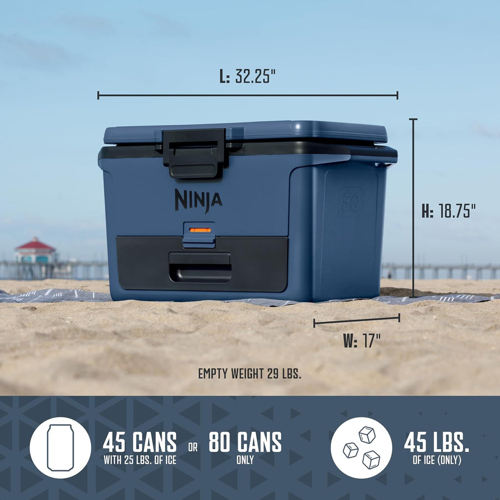 Ninja FrostVault 50qt Hard Cooler, Storage Drawer, Lakeshore Blue FB151BL | Ninja FrostVault keeps food cool, dry & separate under 40°F for days, with 50-qt capacity holding up to 80 cans
