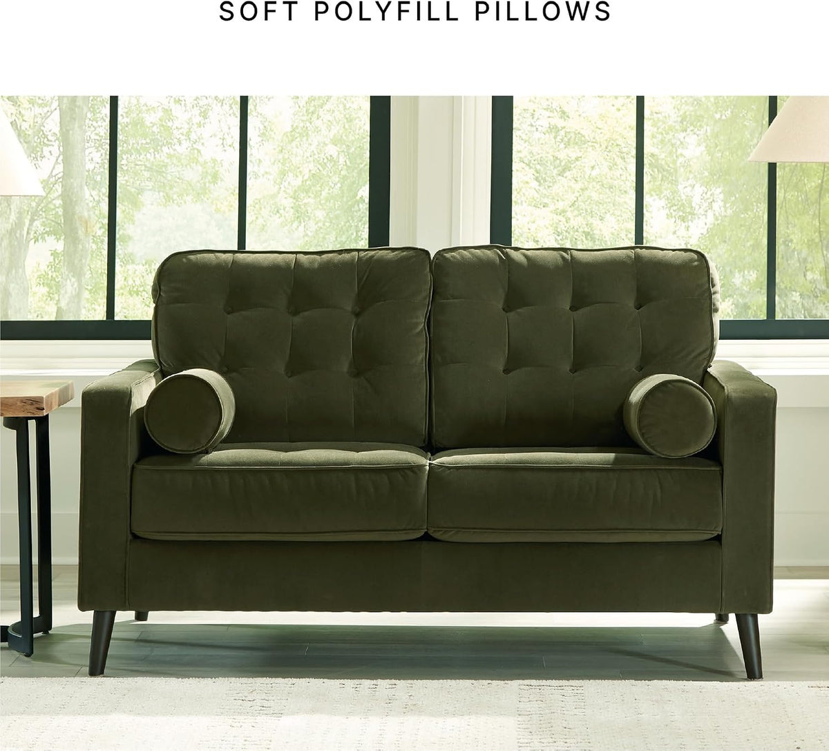 Signature Design by Ashley Loveseat, Olive Green Velvet, Reveon Lakes | Small loveseat for condo spaces, Olive green velvet upholstery, Anti-sag platform foundation, No assembly required