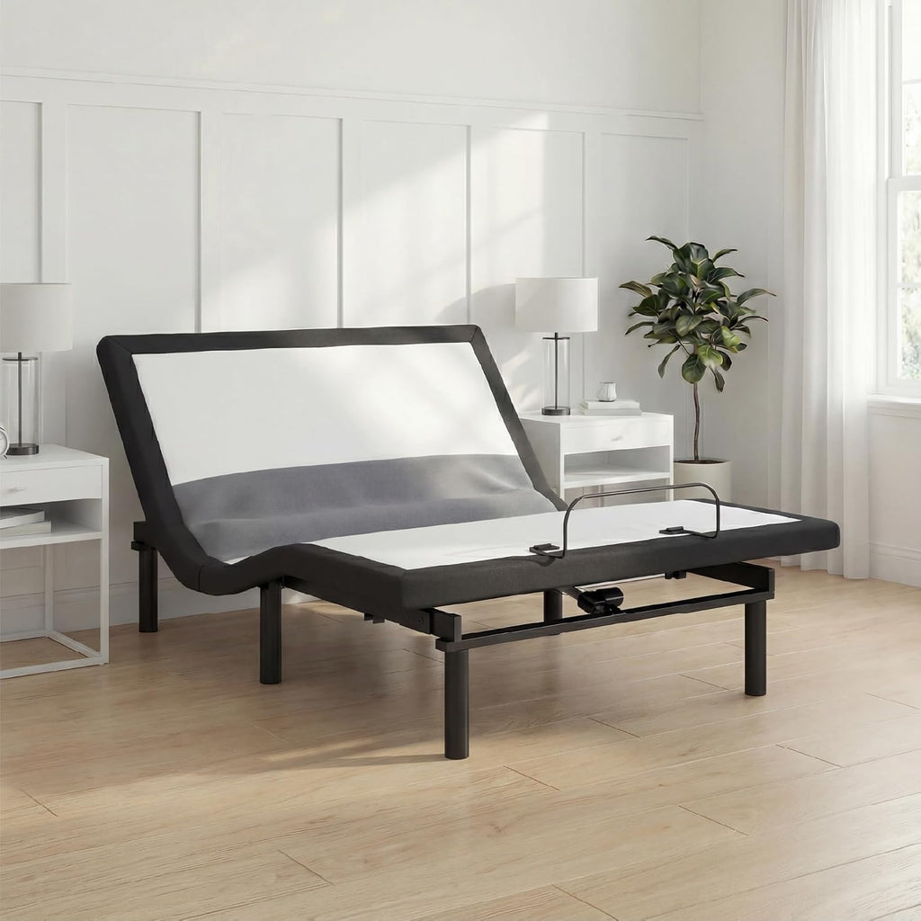 Signature Design by Ashley Adjustable Bed Frame Full Size with Audio | Sturdy metal adjustable bed with lumbar support, Built-in massage and wireless speakers, Charcoal gray upholstery