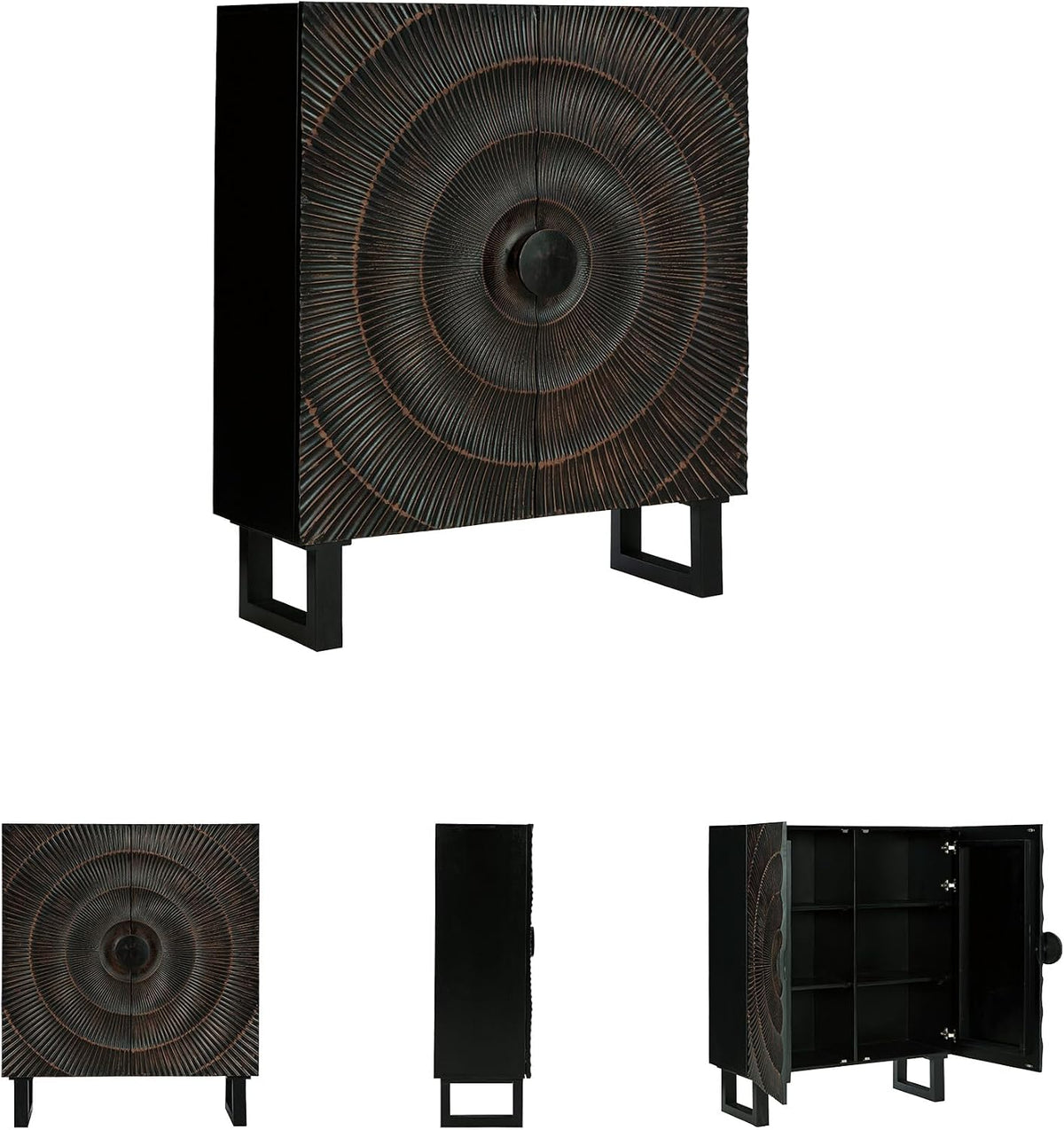 Signature Design by Ashley Fosterman Tall Sunburst Accent Cabinet, Black | Carved sunburst doors, Solid and engineered wood, 15-minute easy assembly, Storage credenza