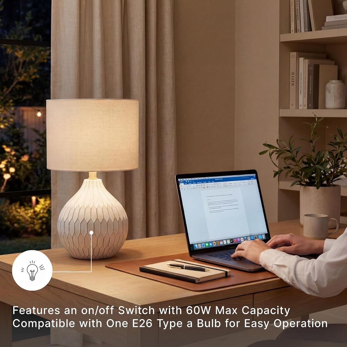 Signature Design by Ashley Ceramic Table Lamp, Bedside, Antique White | Textured wave ceramic base, Compact 18-inch height ideal for bedside nightstands and transitional styling, Wardmont Series
