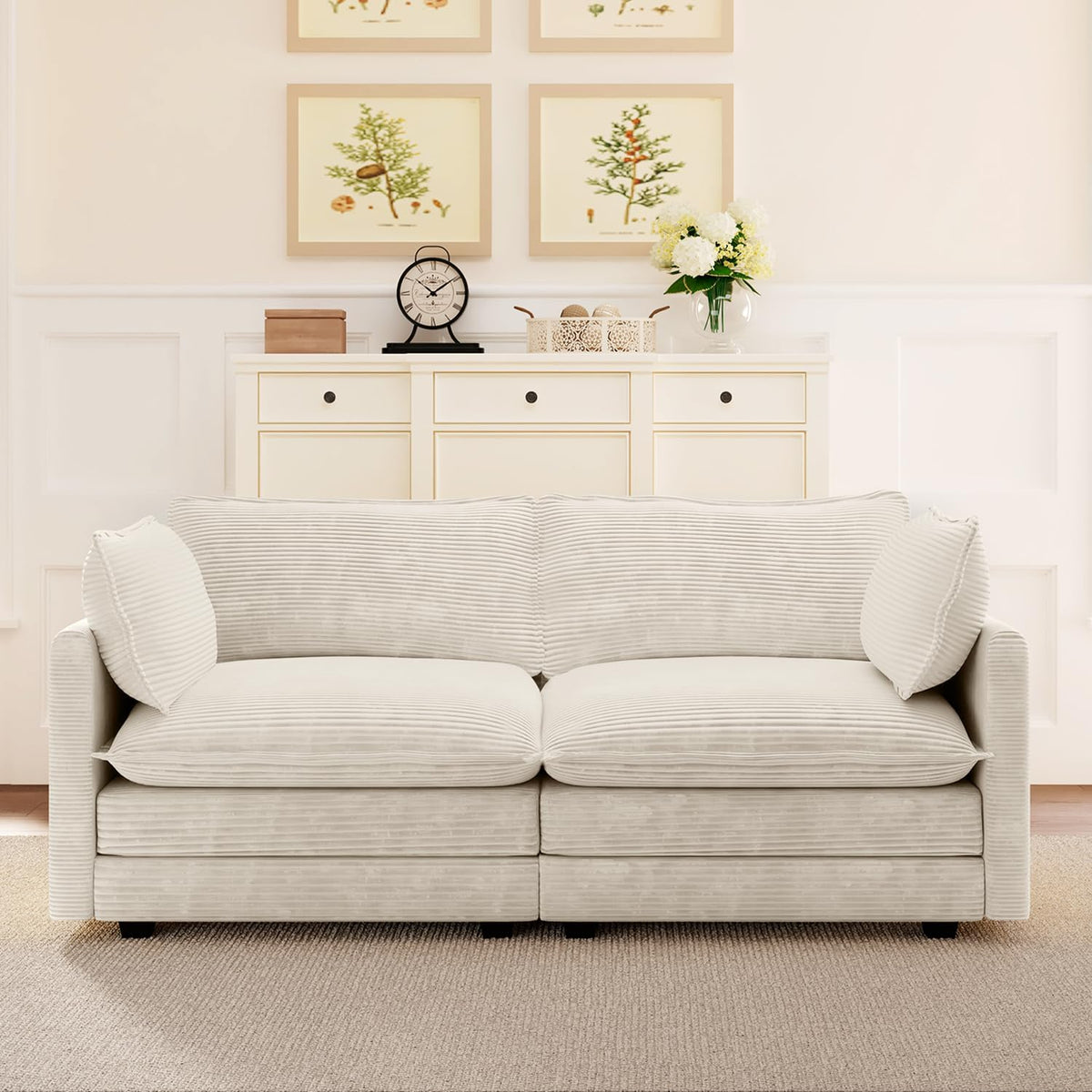 ROWHY 112'' Sectional Modular Cloud Couch, Oversized 5 Seat Couches U Shaped Sofa with 2 Movable Ottomans, 2 Throw Pillows, Upholstered Corduroy U Shape Comfy Deep Couches for Living Room, Beige