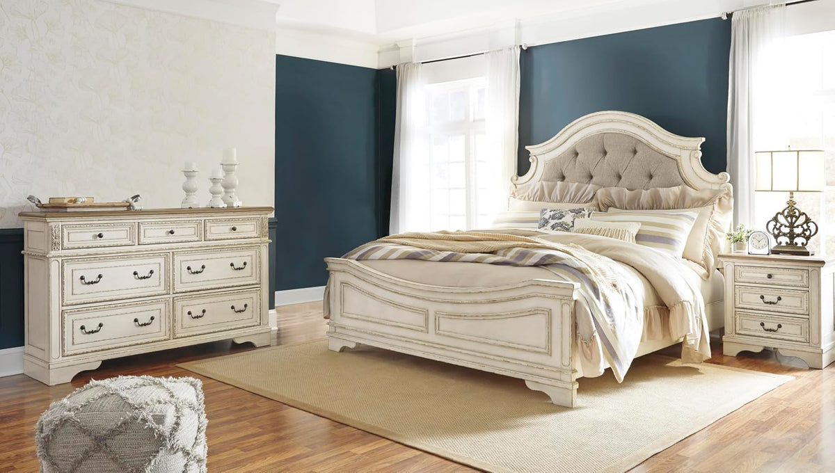 Signature Design by Ashley 7 Drawer Dresser for Bedroom, Two-Tone White | French country aesthetic with distressed wood top, Smooth-gliding dovetail joints and bronze-tone hardware, Realyn Series