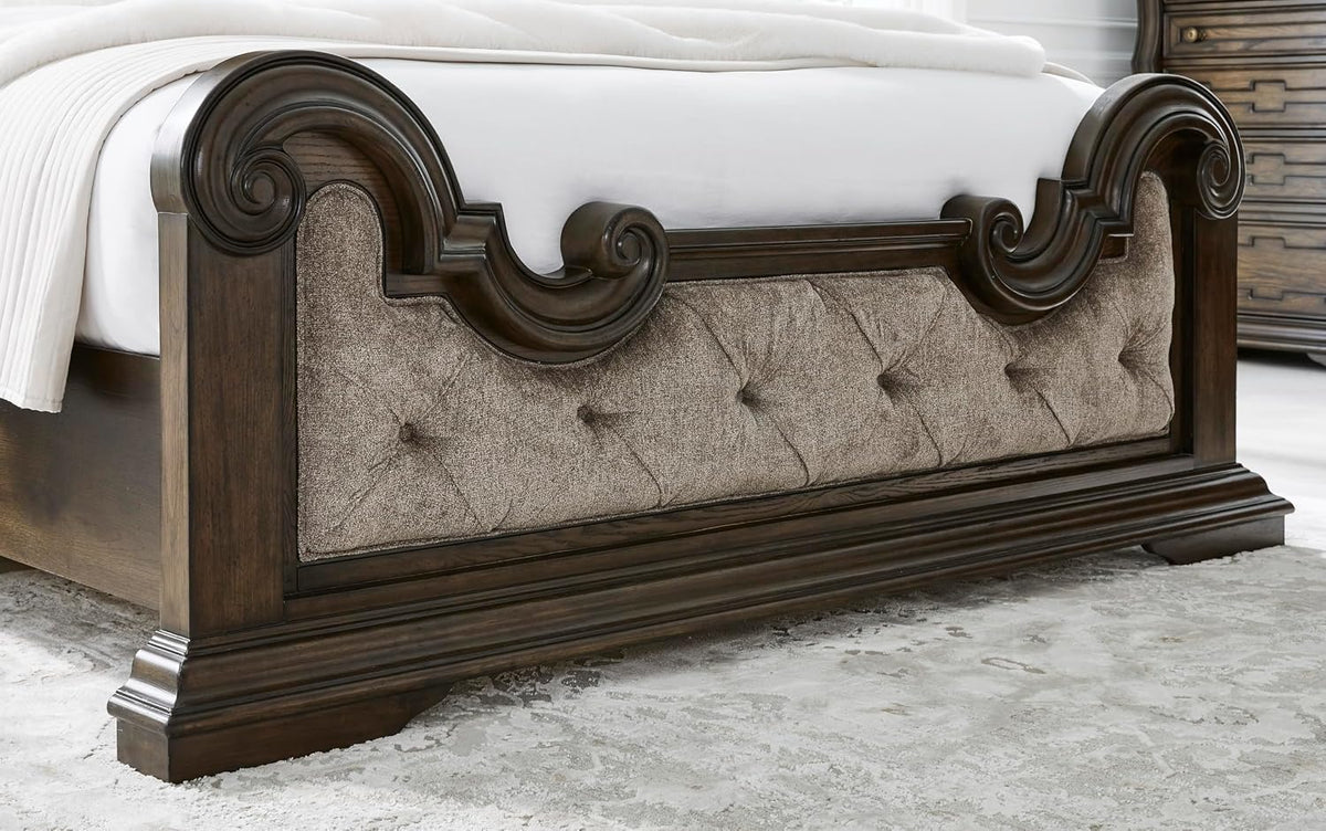 Signature Design by Ashley Maylee King Size Bed Frame and Headboard, Brown | Traditional panel bed, High 83-inch headboard, Brown button-tufted upholstery, Master bedroom statement piece