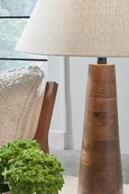 Signature Design by Ashley Danset 30" Tall Table Lamp, Honey Brown | Honey brown base crafted from wood products and other materials, Cotton empire hardback fabric shade, 3-way rotary switch