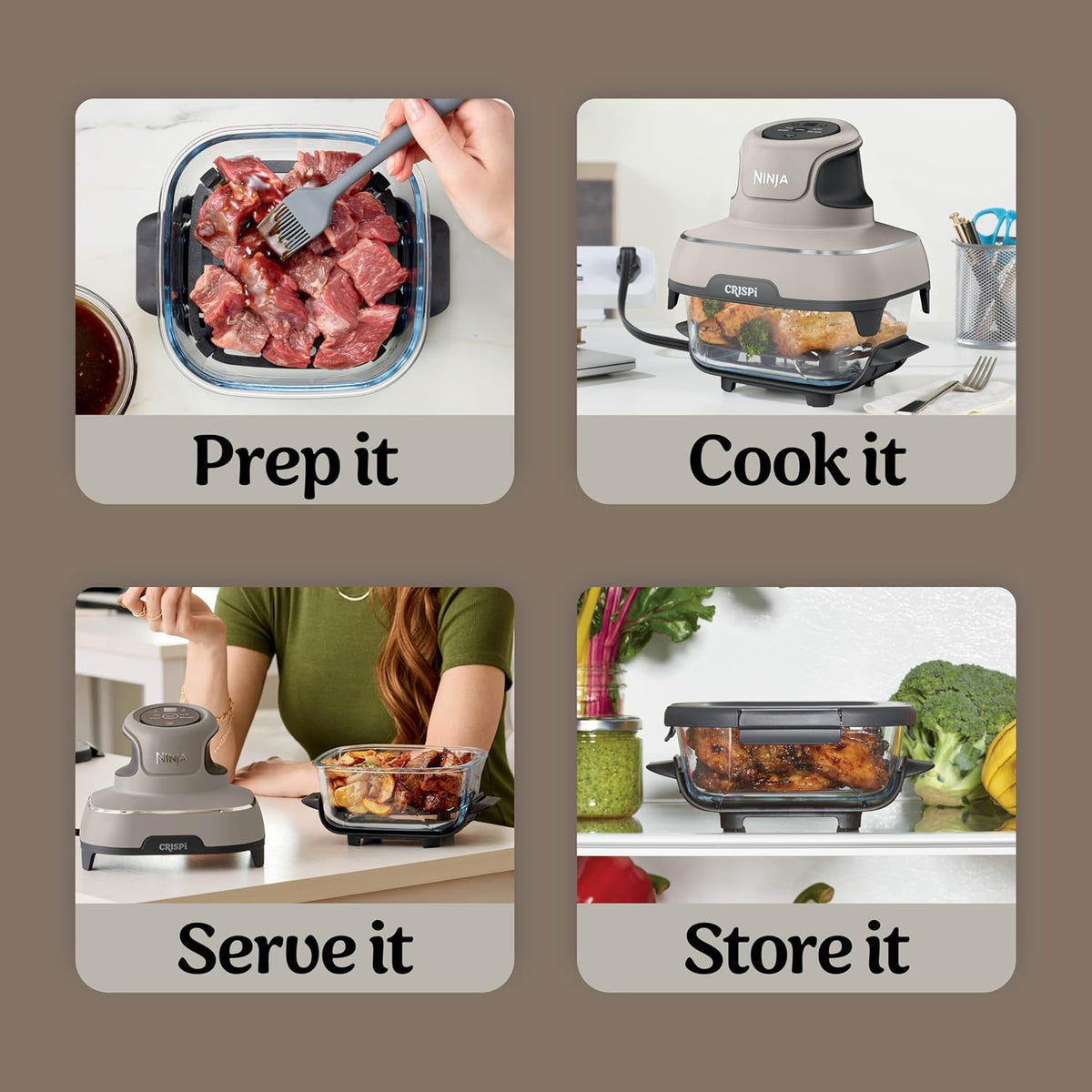 Ninja Crispi Glass Air Fryer, 4-in-1, Stone, FN101ST | Max crisp, bake, air fry, recrisp, 450F max, 4 Qt and 6 Cup containers, PFAS-free glass