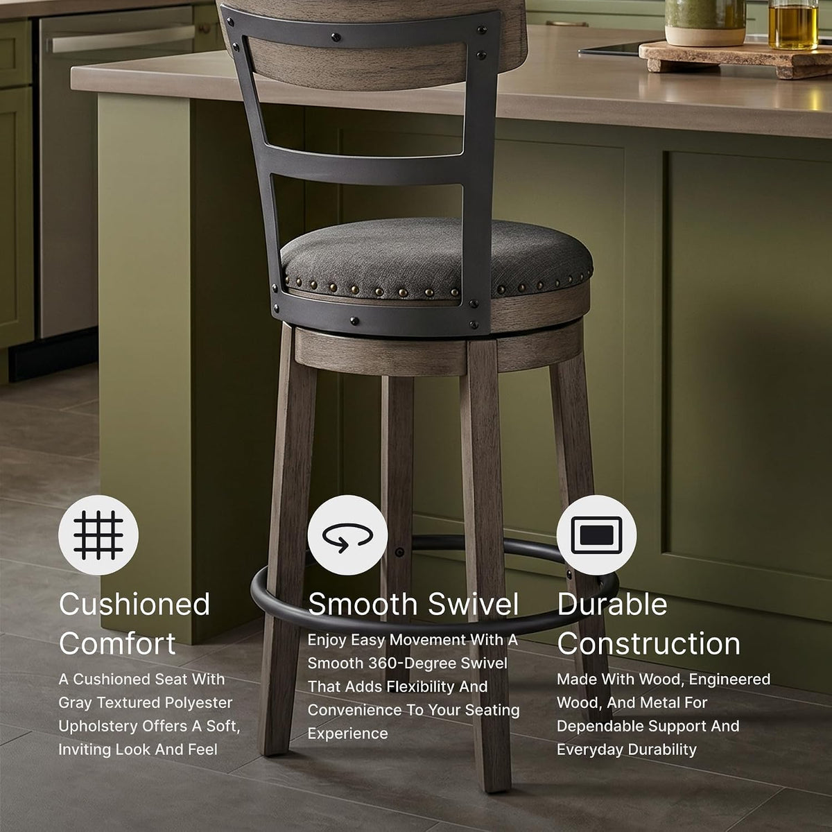 Signature Design by Ashley 1-Piece Swivel Counter Height Bar Stool, Gray | 24-inch seat height, Solid wood base, Metal back supports, Easy-clean polyester upholstery, Nailhead trim, Caitbrook Series
