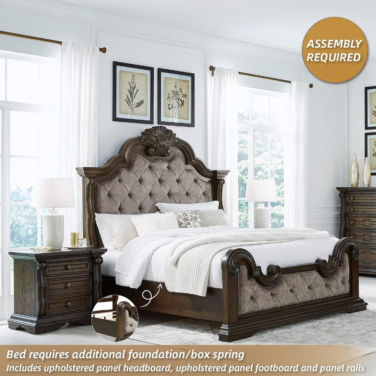 Signature Design by Ashley Maylee King Size Bed Frame and Headboard, Brown | Traditional panel bed, High 83-inch headboard, Brown button-tufted upholstery, Master bedroom statement piece