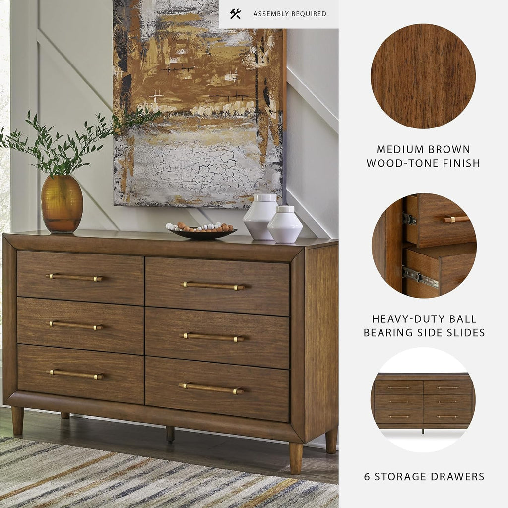 Signature Design by Ashley Mid Century Modern 6 Drawer Dresser for Bedroom | 6-drawer double dresser, Hardwood solids mango wood veneer and MDF substrates, Bedroom storage, Lyncott Series