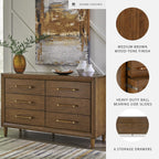 Signature Design by Ashley Mid Century Modern 6 Drawer Dresser for Bedroom | 6-drawer double dresser, Hardwood solids mango wood veneer and MDF substrates, Bedroom storage, Lyncott Series