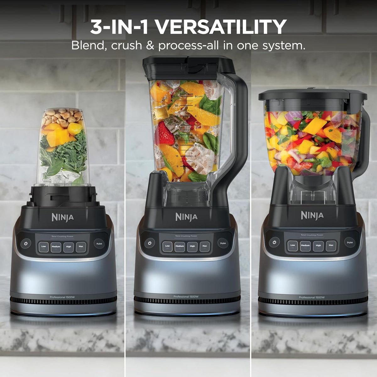 Ninja UltraCrush Pro Kitchen System, 1500W, 72oz Blender, Silver, BP401 | Total Crushing Tech for smoothies, ice crush & chopping. 72-oz blender, 8-cup processor & 18-oz to-go cup. 1500W.