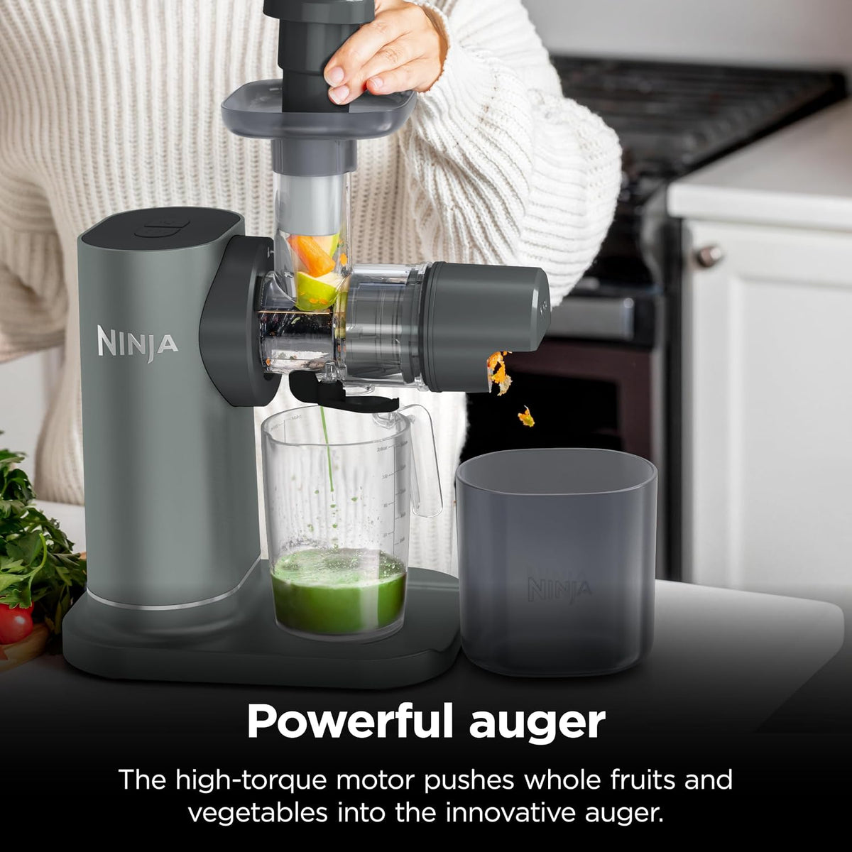 Ninja NeverClog 3-in-1 Juicer, Slicer & Shredder, 32oz Vessel, JC152 | NeverClog auger juices non-stop, plus slicing & shredding attachments. Total Pulp Control, 32-oz vessel, dishwasher safe