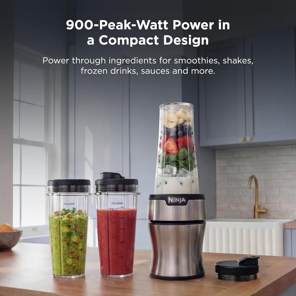 Ninja Nutri-Plus Personal Blender, 900PW, (3) 20oz Cups, Silver, BN301 | 900-peak-watt push-to-blend motor for smoothies & sauces. (3) 20-oz cups, 2 spout lids & storage lid. Dishwasher safe.