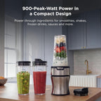 Ninja Nutri-Plus Personal Blender, 900PW, (3) 20oz Cups, Silver, BN301 | 900-peak-watt push-to-blend motor for smoothies & sauces. (3) 20-oz cups, 2 spout lids & storage lid. Dishwasher safe.