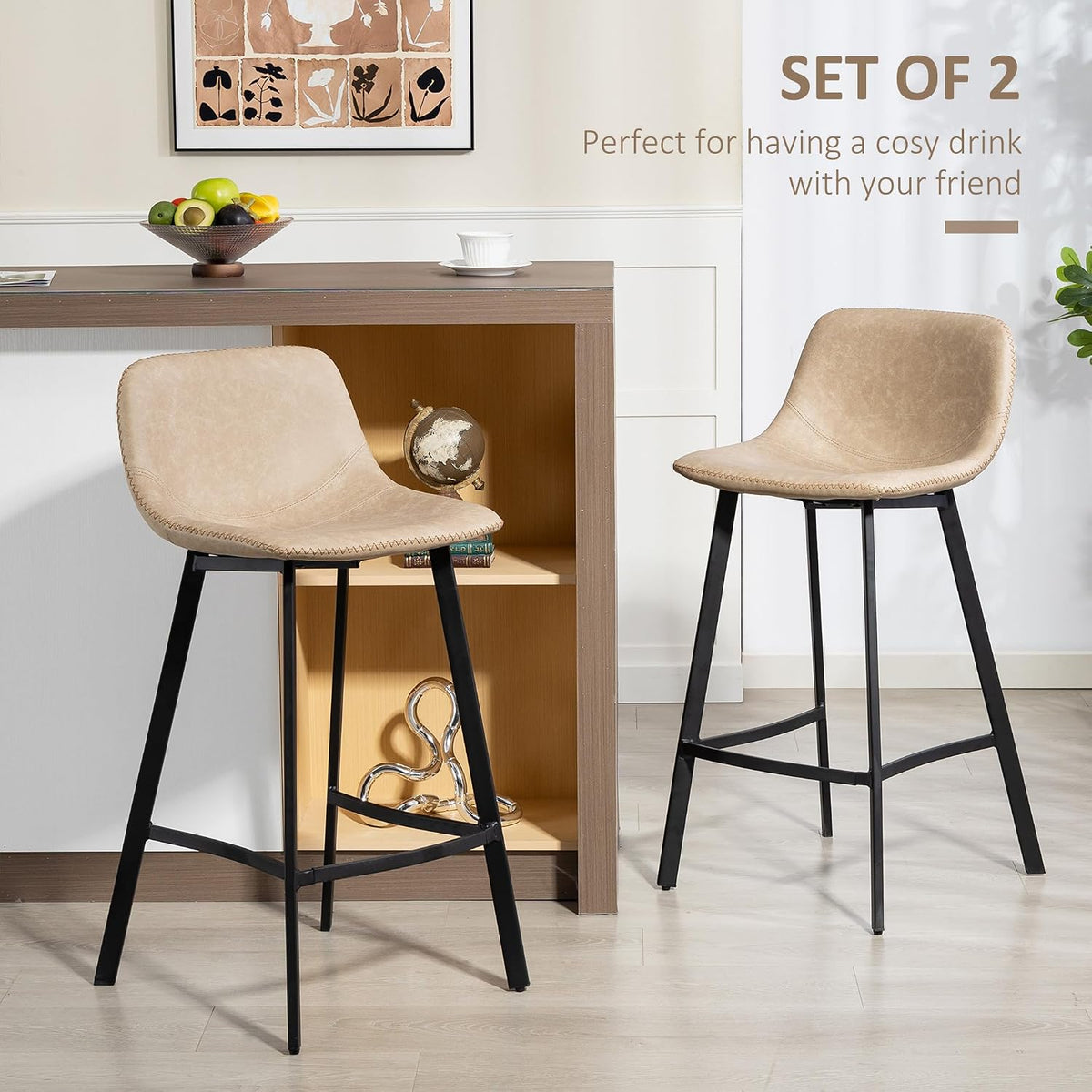 HOMCOM Bar Stools Set of 2 PU Leather Upholstery with Backrest Light Brown