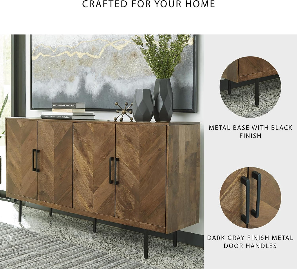 Signature Design by Ashley Accent Cabinet, Wood Credenza, Prattville | 68-inch contemporary credenza, Textured chevron doors, Durable solid and engineered wood construction, Multi-room use
