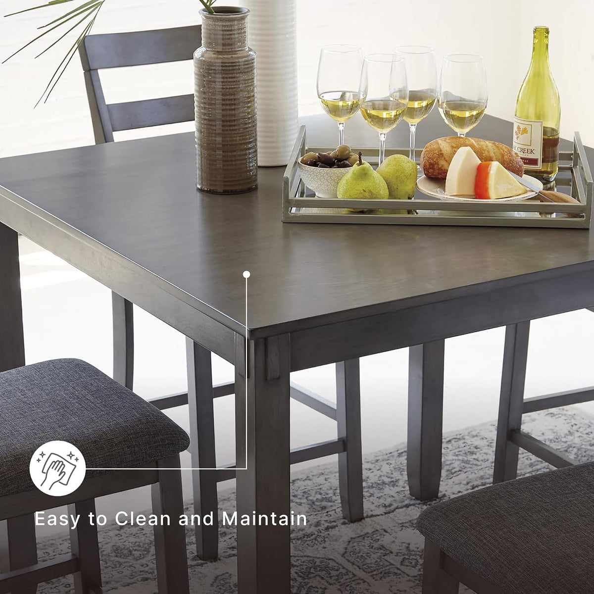 Signature Design by Ashley 5-Piece Square Counter Height Dining Set, Gray | Textured gray polyester fabric with wood, veneer and engineered wood, Small kitchen table for 4, Bridson Series