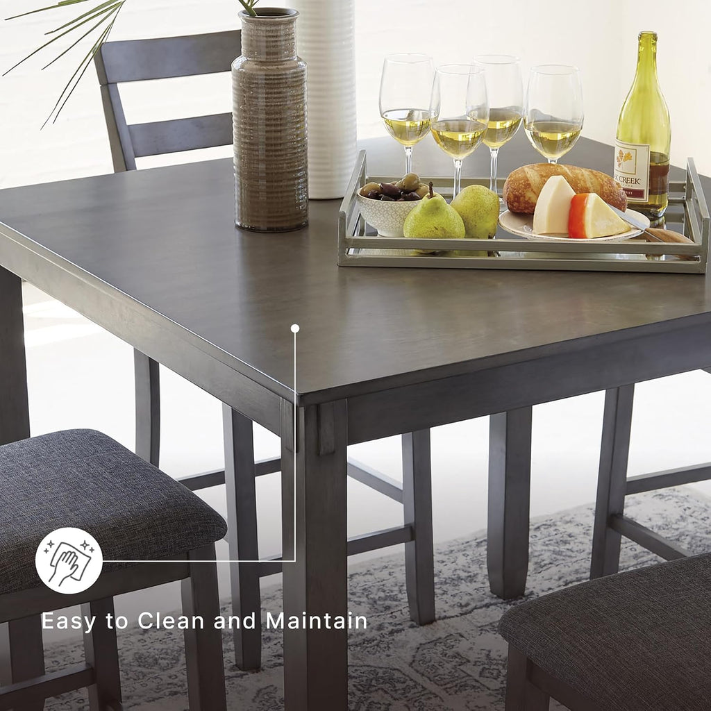 Signature Design by Ashley 5-Piece Square Counter Height Dining Set, Gray | Textured gray polyester fabric with wood, veneer and engineered wood, Small kitchen table for 4, Bridson Series