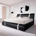 Allewie Queen Bed Frame with Iron Piece Decor, Faux Leather, Black