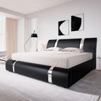Allewie Queen Bed Frame with Iron Piece Decor, Faux Leather, Black