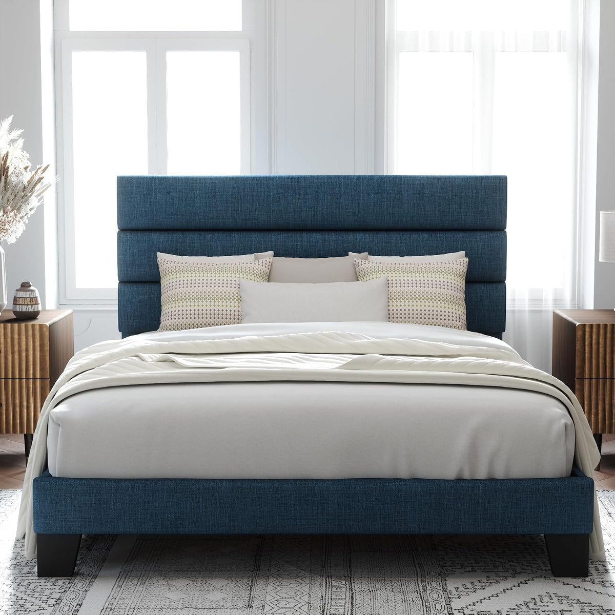 Allewie Queen Size Platform Bed Frame with Fabric Upholstered Headboard